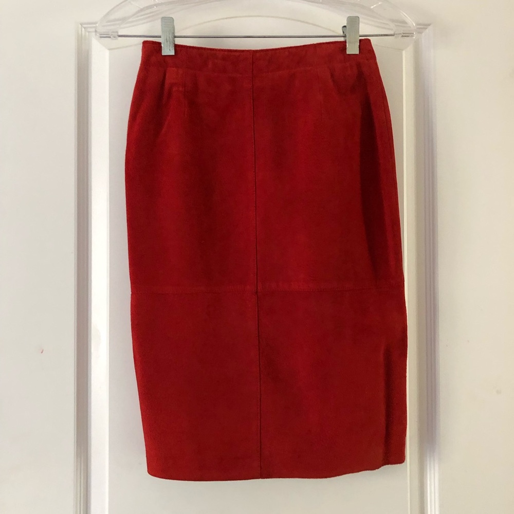 Red suede slim lined skirt